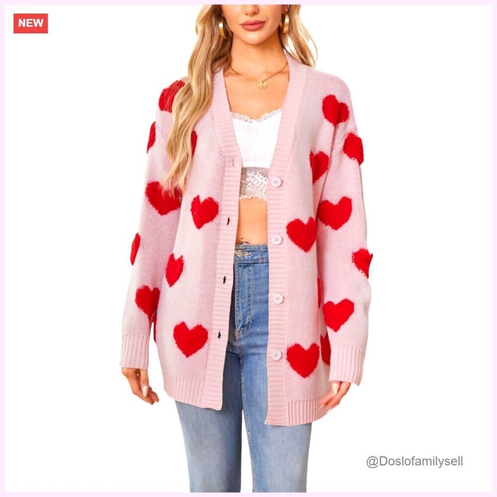 Oversized Heart Button Cardigan, Soft Knit, V-Neck, Preppy Y2K Winter Sweater